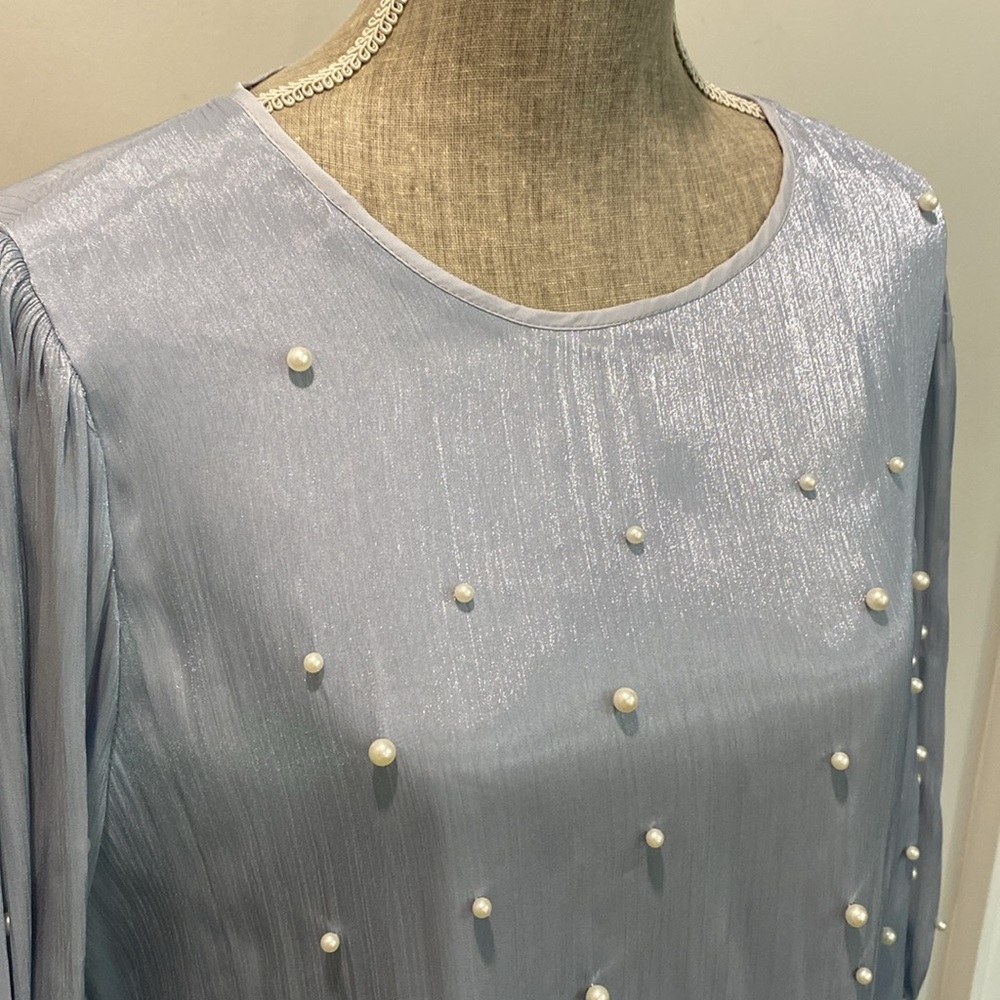 Pearl-Embellished Light Blue Long-Sleeve Women's Top - Picture 3 of 16
